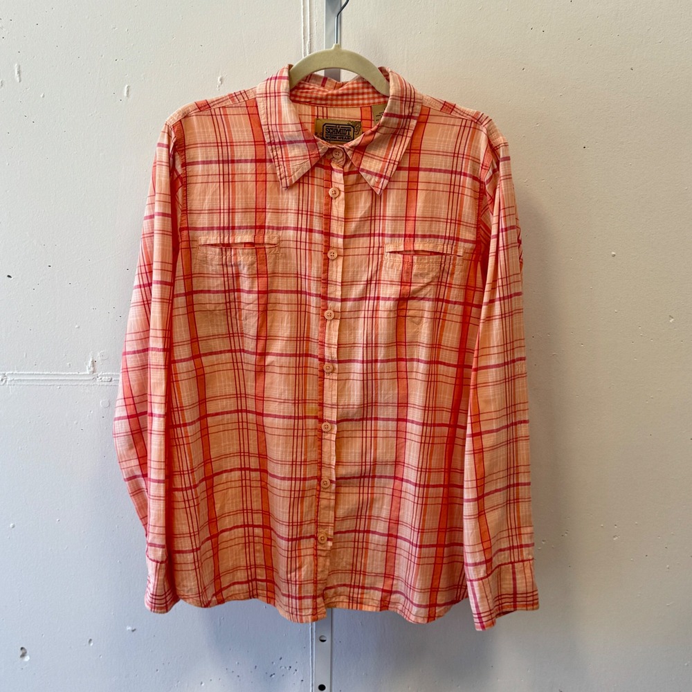 CE Schmidt Workwear Women's Orange Pink Plaid Cotton Button Down Shirt Large